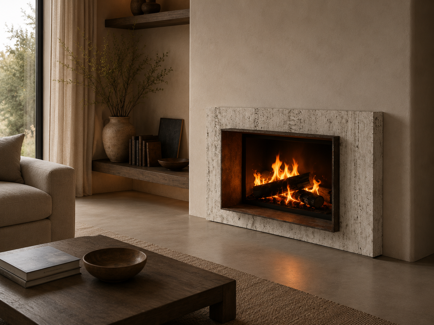 chimenea mármol travertino diseño Joaquín Moll