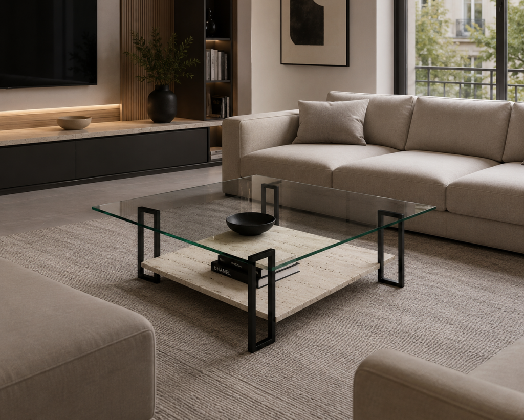 mesa diseño mármol travertino metal