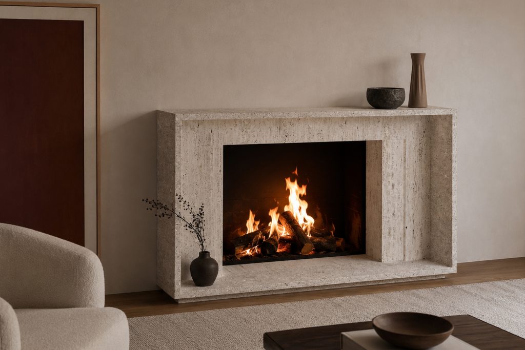 Chimenea de mármol de diseño contemporáneo diseñada por Joaquín Moll.