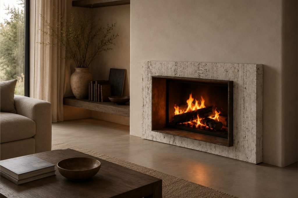 Chimenea de diseño en piedra natural creada por Joaquín Moll.